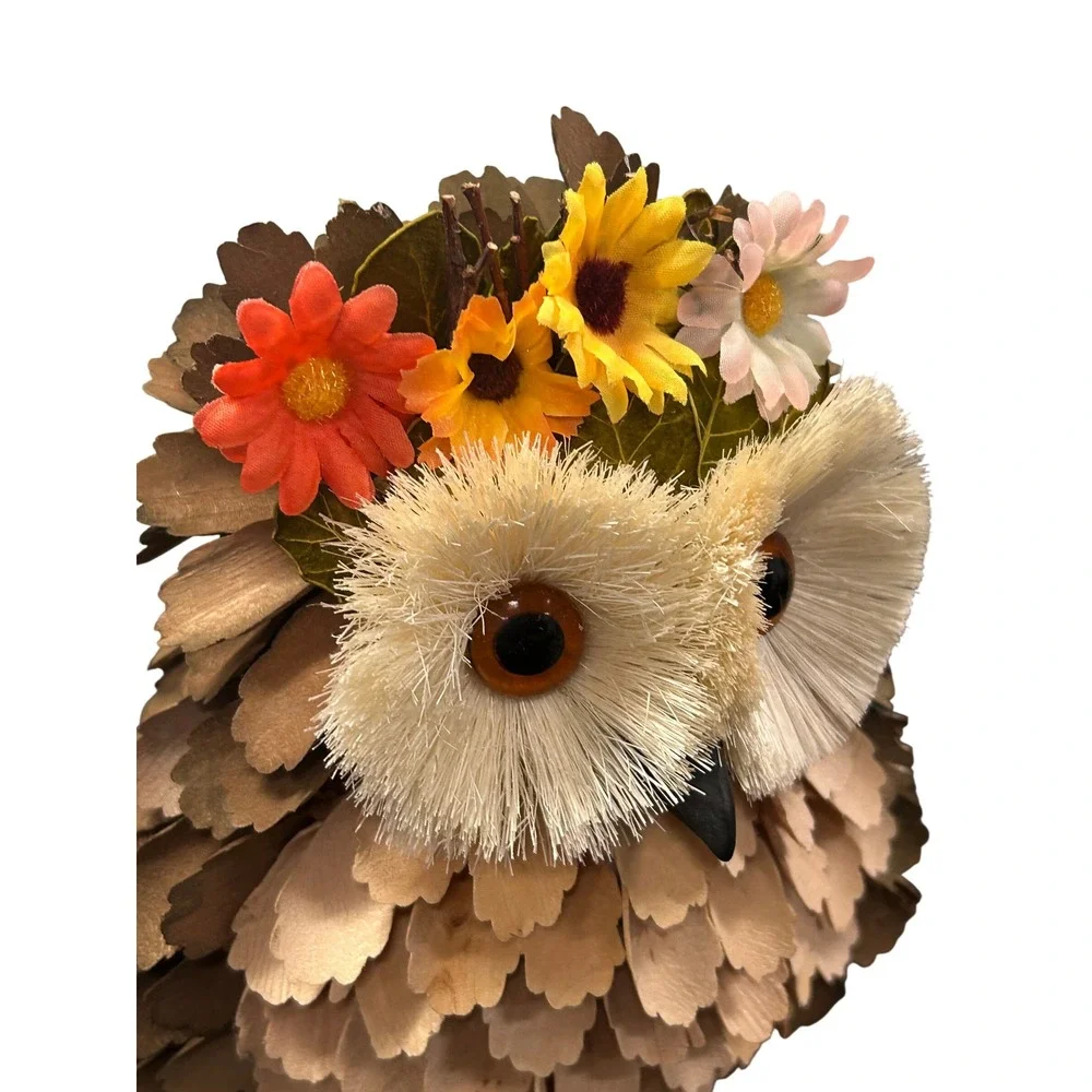 Handmade Rustic Wood Shaving Owl Figurine with Floral Crown Fall Decor 7